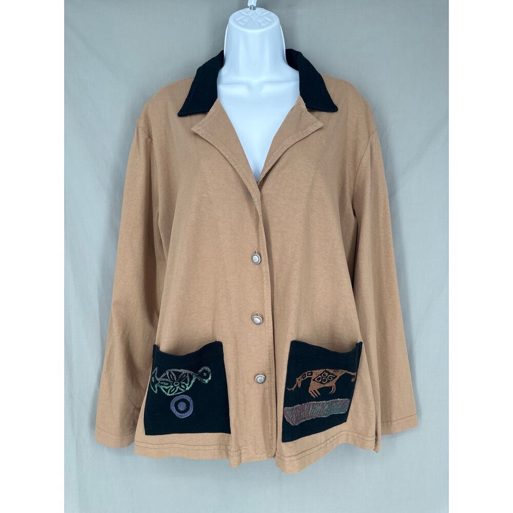 90s Vintage Jacket Womens Large Tan Blazer Artsy Western Button Boho Retro USA